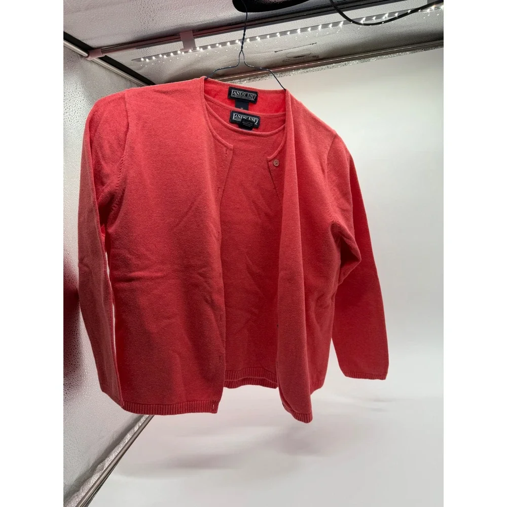 Lands End‎ Coral Pink Sweater Twin Set Cardigan Pullover Petite Medium 10-12